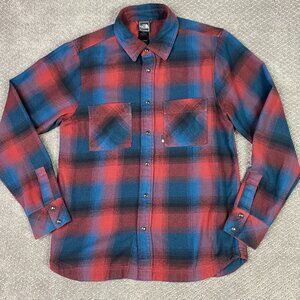 The North Face Flannel Shirt Men's Small Red Blue Black Shadow Plaid Pearl Snap
